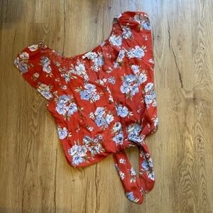 American Eagle Outfitters Red Floral Tie-Front Blouse